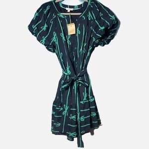 NWT Umgee green bow navy dress tie front puff sleeve whimsical mini dress Small